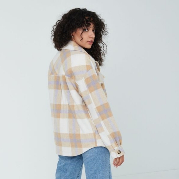NWOT GARAGE Lavender & Tan Plaid Shacket, Size M - Picture 2 of 8